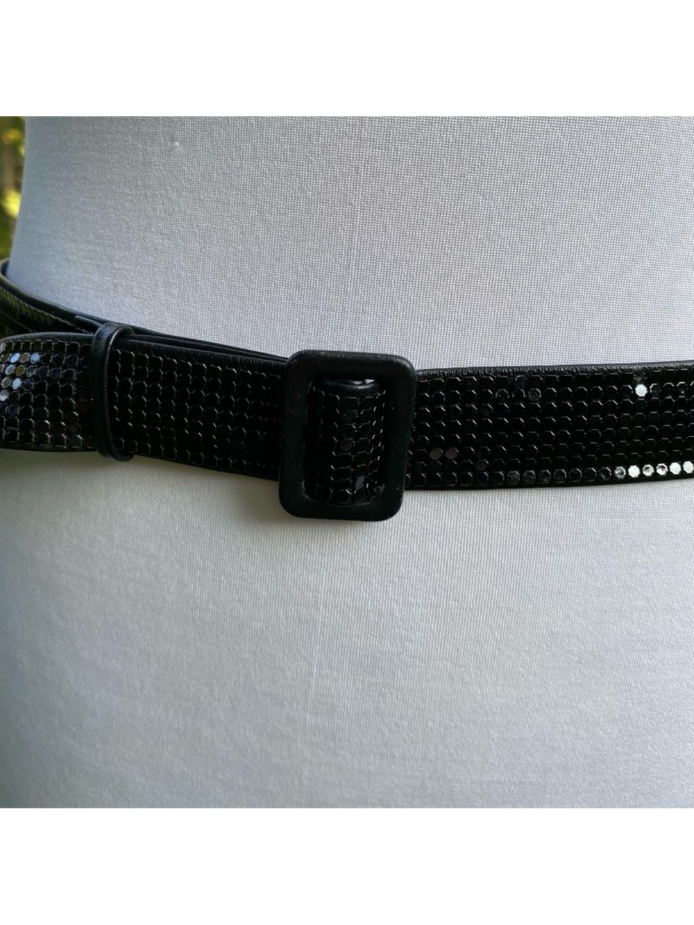 BELT SKINNY WAIST BLACK LEATHER MESH WHITING DAVIS LOOK S FIT 35.5”L